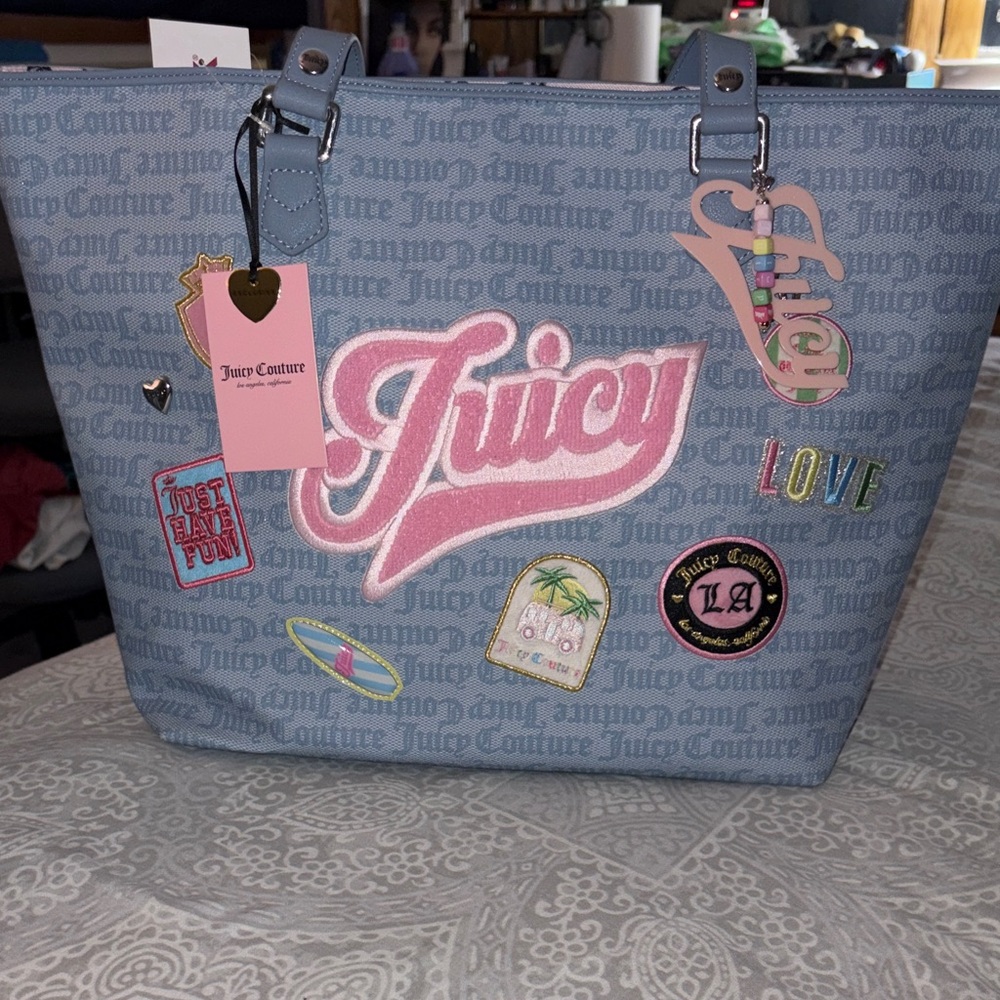 Juicy Couture Light Blue Tote with Pink 'Juicy' Logo and Patch Accents
